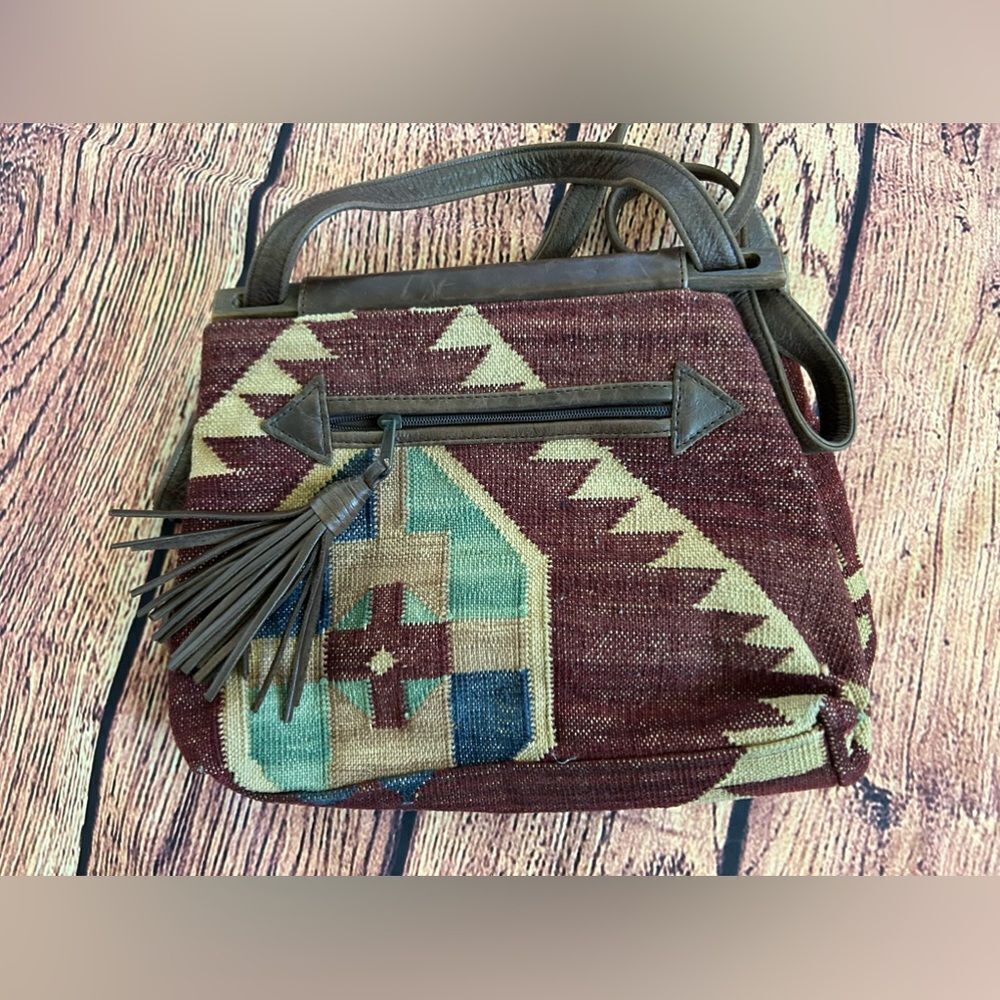Wool Aztech Tote Bag Purseโwith Leather Handleโ